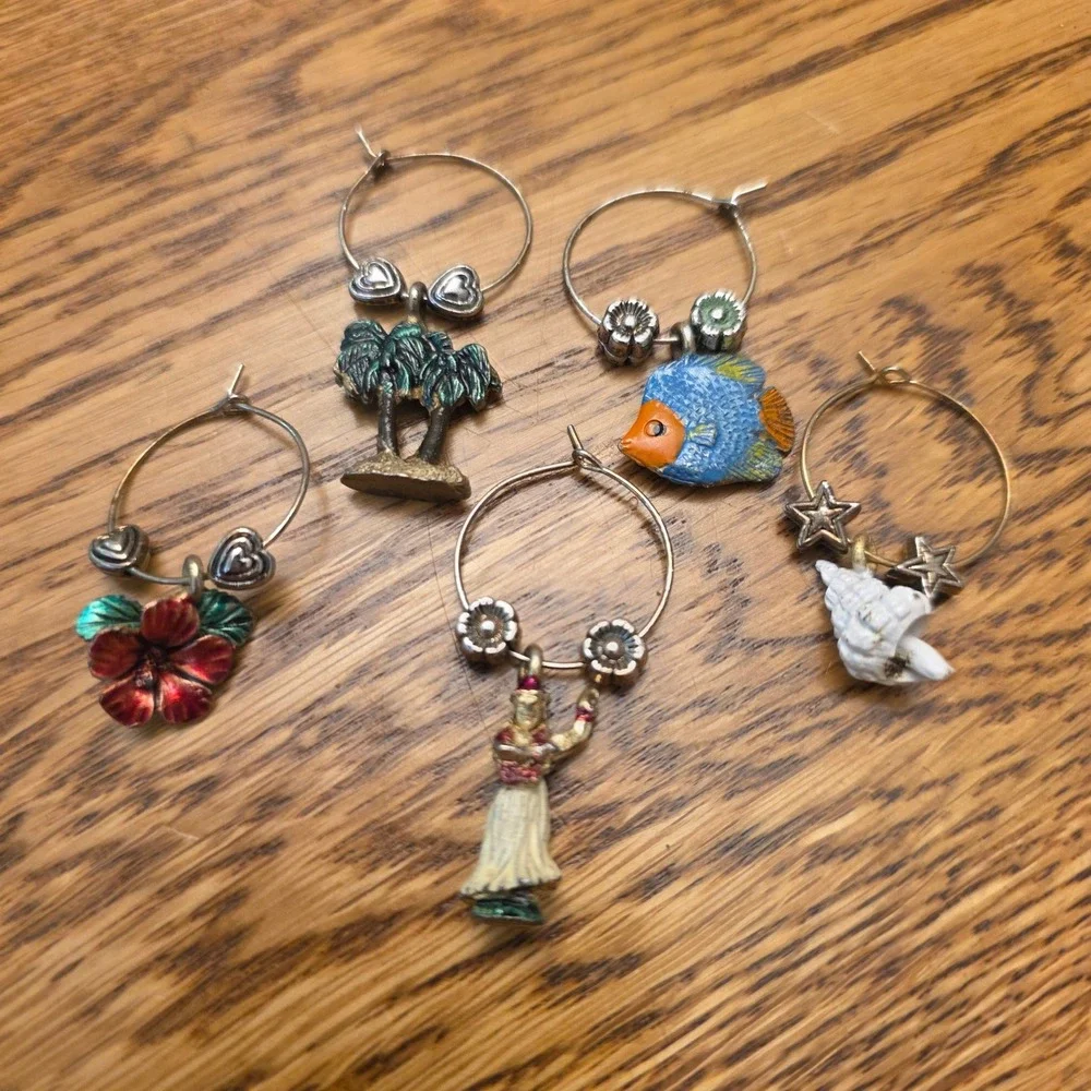 Hawaii Tropical Wine Glass Charms Set 5 Palm Tree Hula Girl Fish Hibiscus Shell